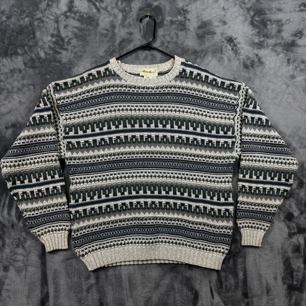 Eddie Bauer Sweater Mens XL Grey Green Fair Isle Geometric Knit Made in USA